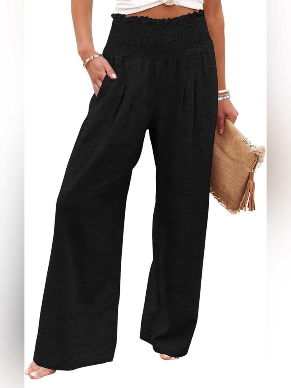 Wide Leg Smocked Waist Pants - Black